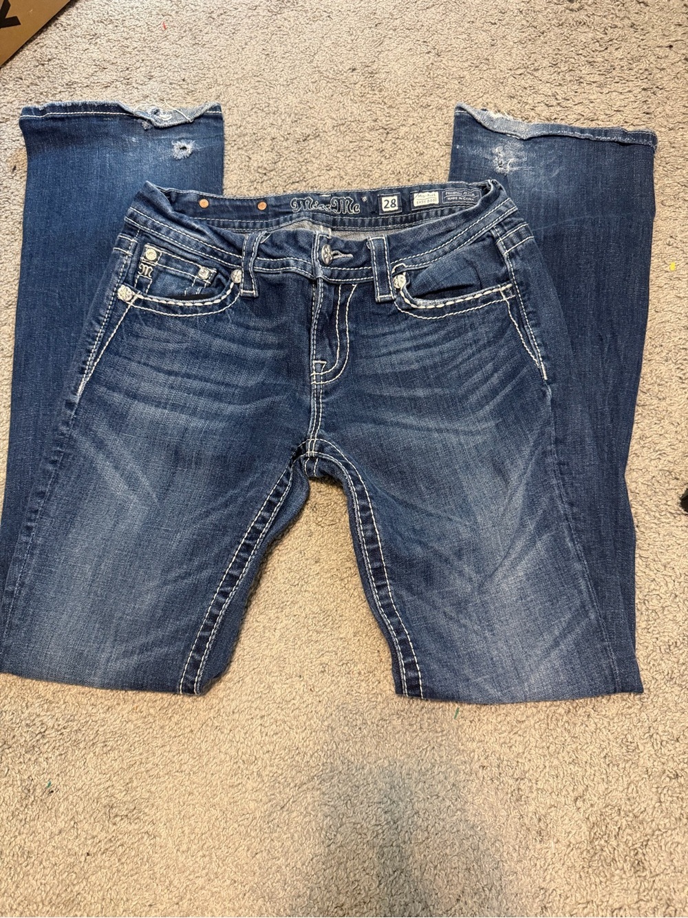 Miss Me Dark Blue Boot Cut Jeans with White Contrast Stitching